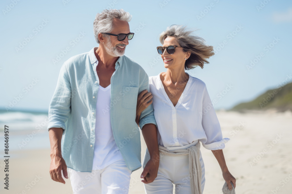 happy mature caucasian couple walking together enjoying summer vacation, holiday at beach. Generative AI