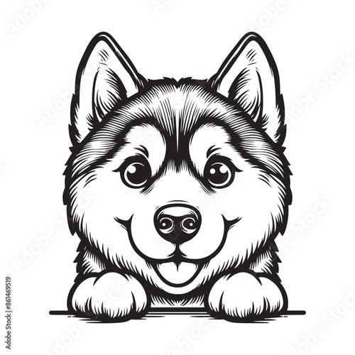 Line art of siberian husky puppy playing peek a boo,perching on the edge of the table vector