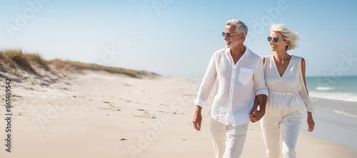 Obraz na płótnie happy mature caucasian couple walking together enjoying summer vacation, holiday at beach. Generative AI w salonie
