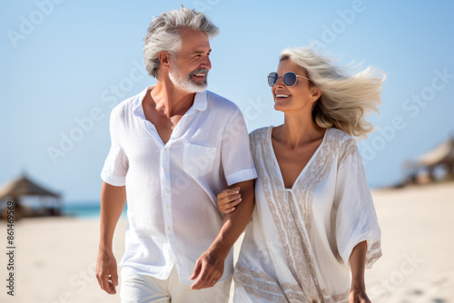 happy mature caucasian couple walking together enjoying summer vacation, holiday at beach. Generative AI