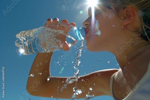 Thirsty girl drinking water. Hot day. Young female drinking fresh water from plastic bottle against blue sky. Jogging, sport, cardio, healthy lifestyle. Refreshing. Low angle view. Summer heat.