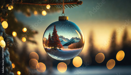 Christmas glass toy ball on tree with reflection of winter forest landscape, seasonal holiday scene