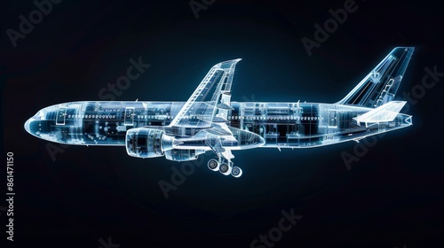 Digital X-Ray Blueprint of a Modern Commercial Airliner against a Dark Background photo