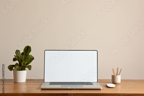 Minimalistic workspace with a laptop displaying a blank screen, flanked by two potted succulents on a wooden desk, creating a clean and modern environment with copy space. Concept: minimal workspace,  © Aksana