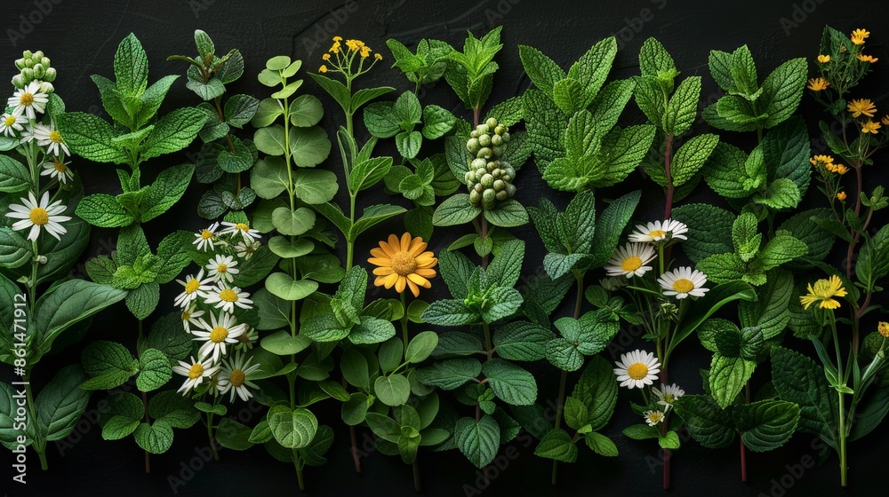 A Verdant Symphony of Fresh Herbs on a Black Canvas. Generative AI A Verdant Symphony of Fresh Herbs on a Black Canvas. Generative AI
