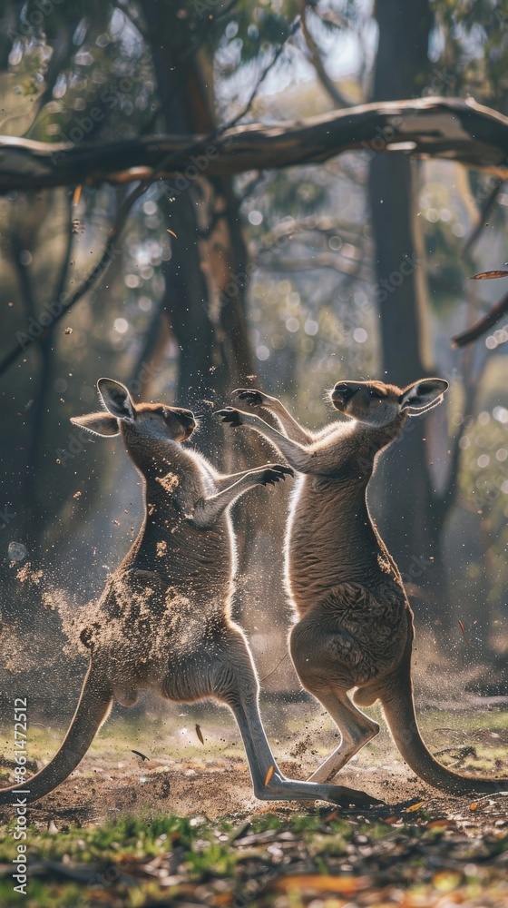 Obraz premium Two kangaroos engage in a playful spar in the Australian outback