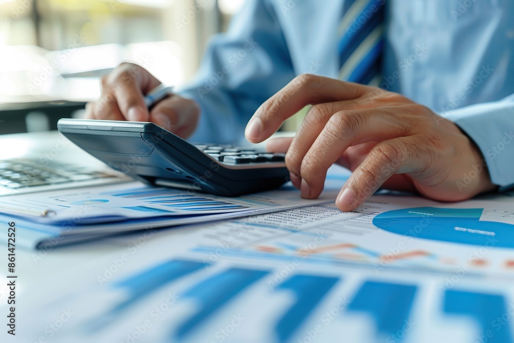 Fototapeta premium Man pressing calculator close up. Desk with diagram, graph, finance. Investment, accounting, calculating tax, corporate financial company report. Person checking bills, bank account balance, expenses