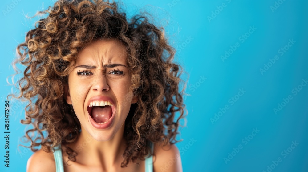 A funny excited young woman with curly hair screaming on a blue background. A funny excited young woman with curly hair screaming on a blue background.