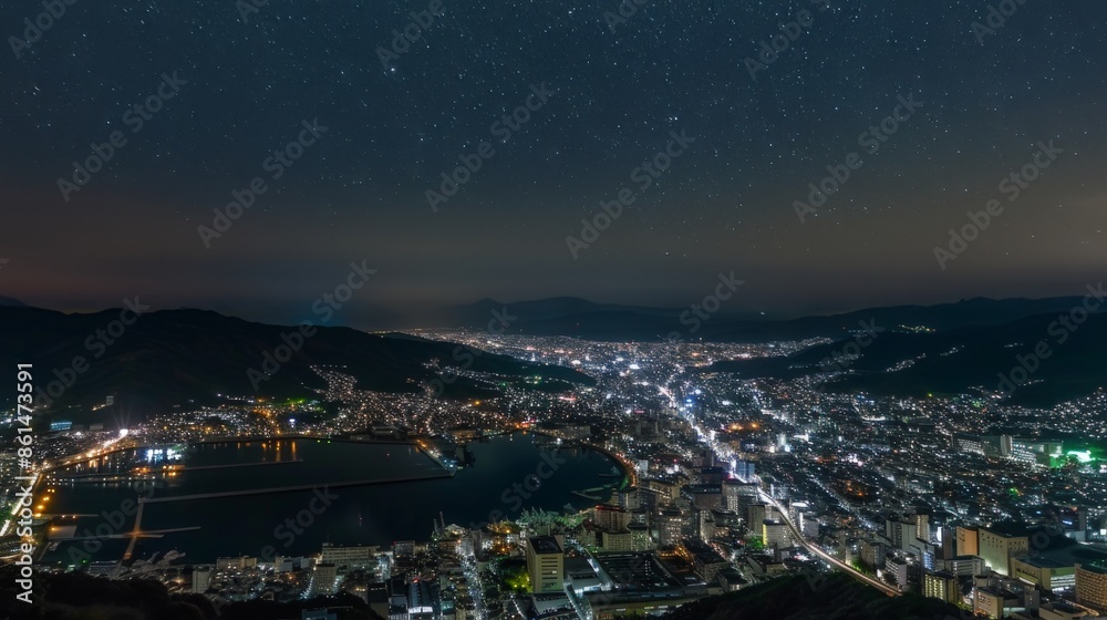 A city lights up the night under a starry sky A city lights up the night under a starry sky