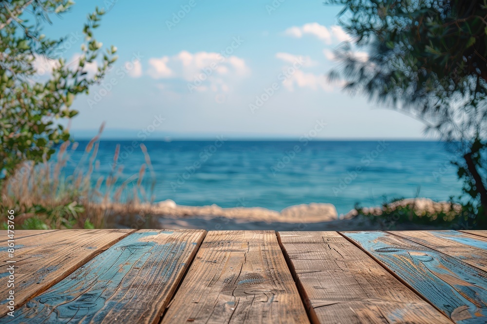 A rustic wooden deck with a stunning view of a serene ocean, clear blue sky, and lush greenery, perfect for relaxation and nature appreciation.