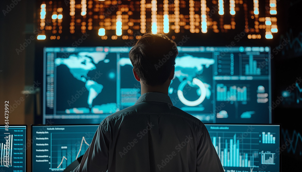 A man stands in front of multiple large screens displaying global data, maps, and charts, analyzing complex information in a high-tech control center A man stands in front of multiple large screens displaying global data, maps, and charts, analyzing complex information in a high-tech control center