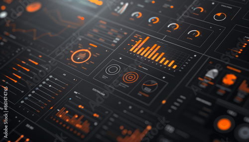 A sleek, black dashboard filled with orange data visualizations and charts, representing advanced data analysis and modern technology
