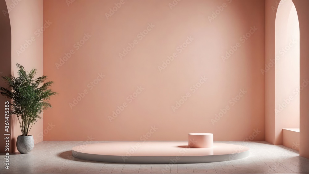 A space designed with a harmonious blend of orange hues, incorporating a circular table and floor planters, orange walls adorned with arches, portrayed in a 3D render, emphasizing light A space designed with a harmonious blend of orange hues, incorporating a circular table and floor planters, orange walls adorned with arches, portrayed in a 3D render, emphasizing light