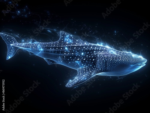 abstract digital art of a whale shark, with thin white lines on a black background, rendered in cinema4d and made from lines of code, creating an illusion that the animal  photo
