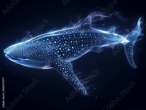 abstract digital art of a whale shark, with thin white lines on a black background, rendered in cinema4d and made from lines of code, creating an illusion that the animal  photo