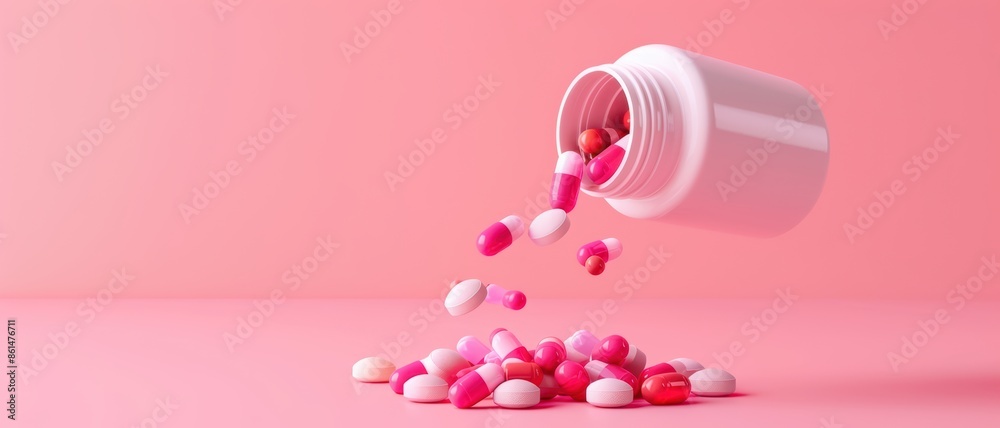 Colorful Capsules and Pills Spilling from a White Bottle on a Pink Background Colorful Capsules and Pills Spilling from a White Bottle on a Pink Background