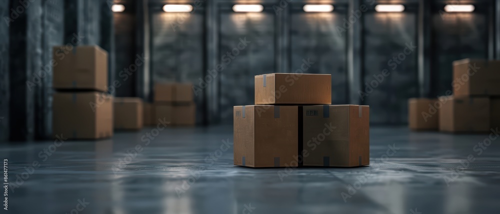 Stacked Cardboard Boxes in a Modern Warehouse with Industrial Lighting and Concrete Floors Stacked Cardboard Boxes in a Modern Warehouse with Industrial Lighting and Concrete Floors