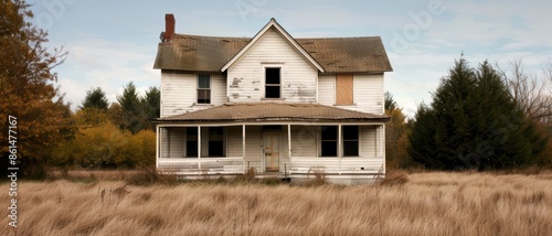 Abandoned Two-Story House in Overgrown Field with Autumn Trees and Cloudy Sky photo