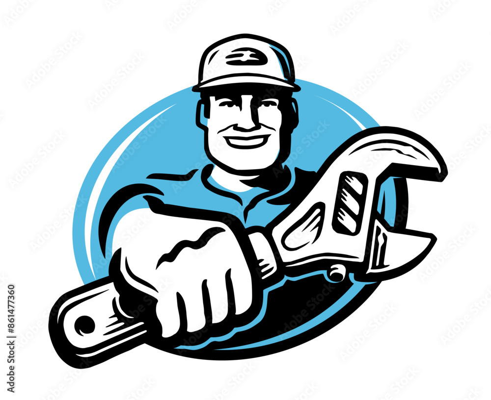 Happy mechanic holding an adjustable wrench in his hand. Repair or plumbing work emblem or logo. Vector illustration Happy mechanic holding an adjustable wrench in his hand. Repair or plumbing work emblem or logo. Vector illustration