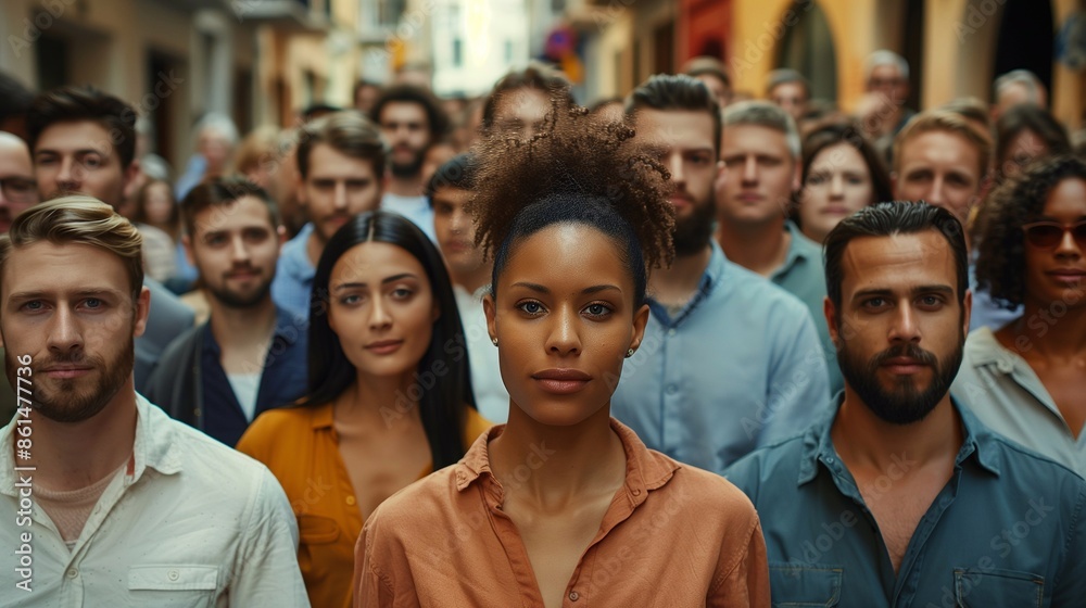 Fototapeta premium devirse crowd of people men and women different ages standing on the street. Generative ai