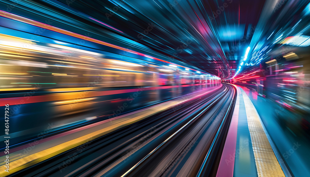 A high-speed train speeding through a tunnel at night, surrounded by colorful light trails, creating a sense of futuristic motion and energy A high-speed train speeding through a tunnel at night, surrounded by colorful light trails, creating a sense of futuristic motion and energy