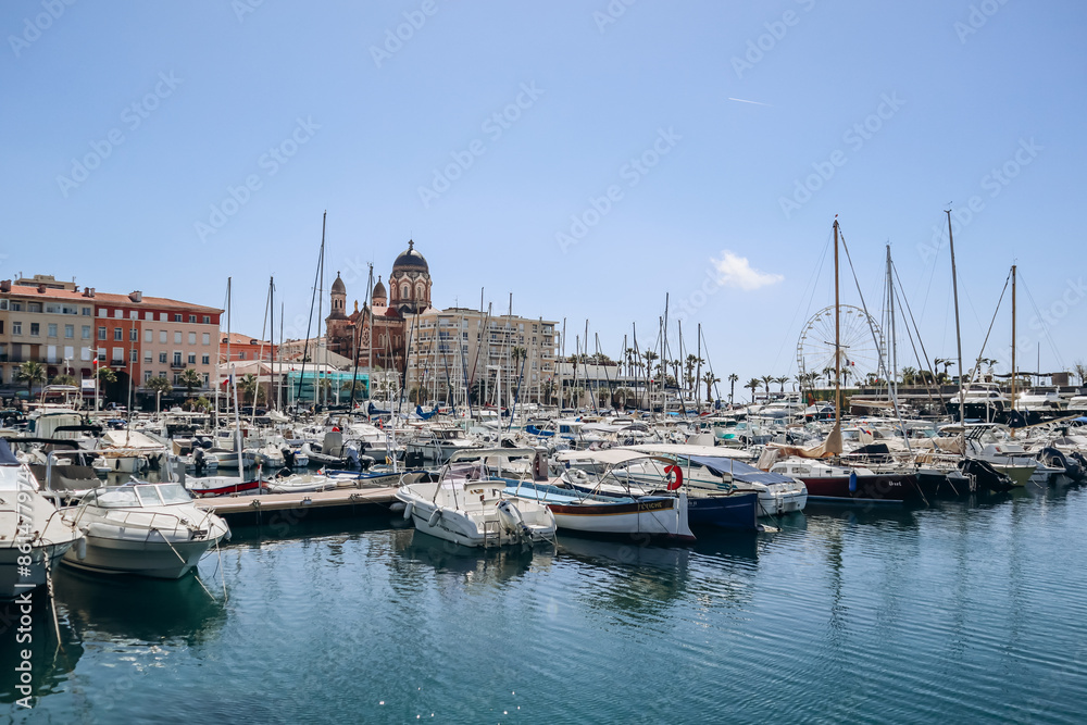 Saint-Raphael, France - April 20, 2024: Embankment in Saint-Raphael on the French Riviera Saint-Raphael, France - April 20, 2024: Embankment in Saint-Raphael on the French Riviera