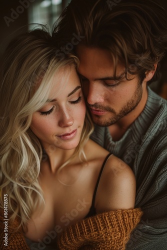 A close-up of a young couple sharing an intimate embrace, capturing a tender and romantic moment of connection and affection.