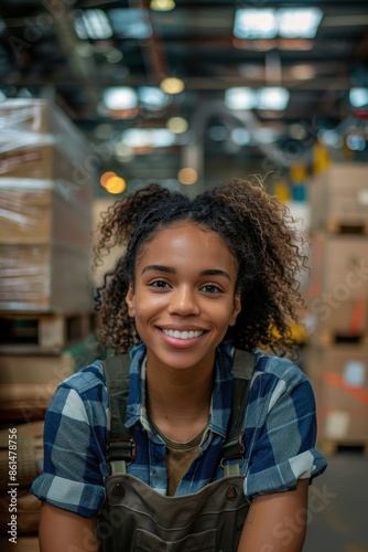A cheerful woman in a plaid shirt and overalls smiles warmly while working in a busy warehouse environment, surrounded by stacked boxes.