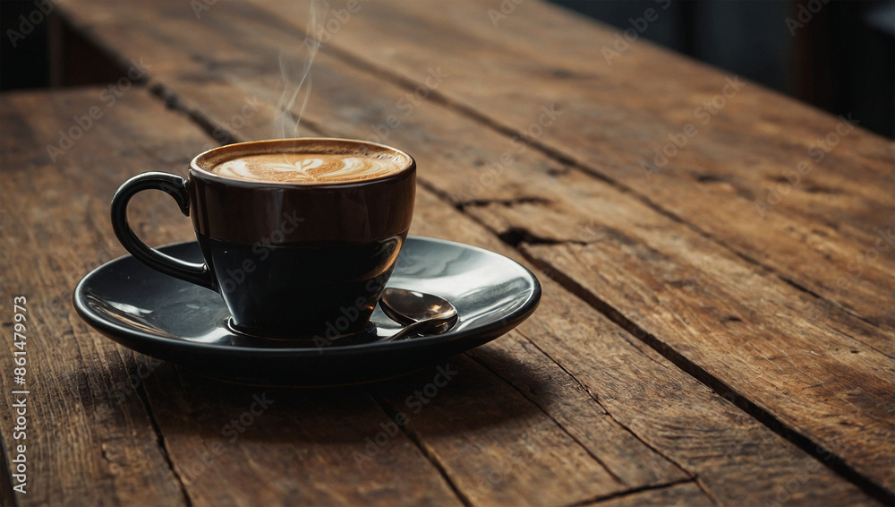 Obraz premium Wooden table with a cup of coffee