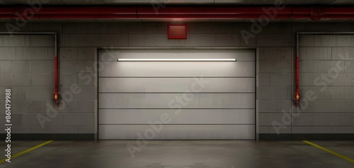 Modern underground parking garage with closed shutter. Industrial interior with concrete walls, red pipes, and fire extinguishers.