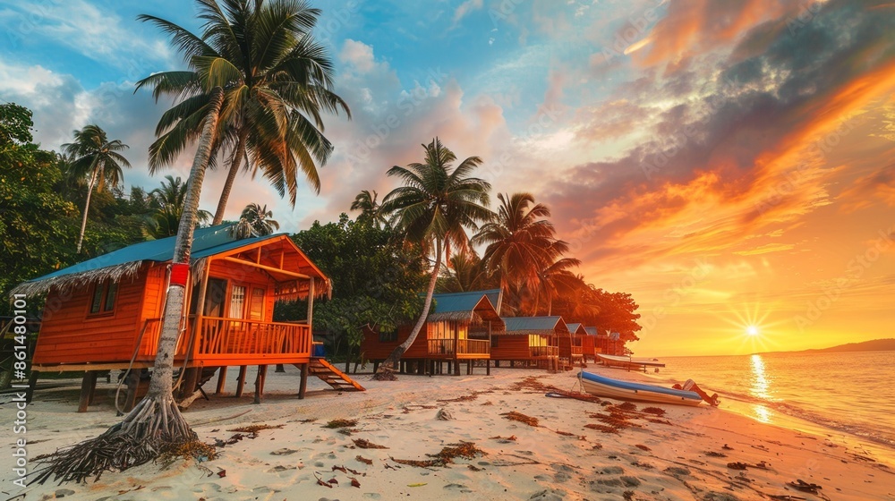Naklejka premium Beautiful luxury tropical vacation resort with palm tree and houses