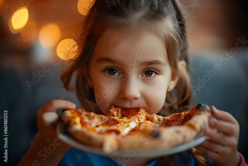  "Pizza Delight: Little Girl Enjoying Pizza in Pizzeria, Close-Up"