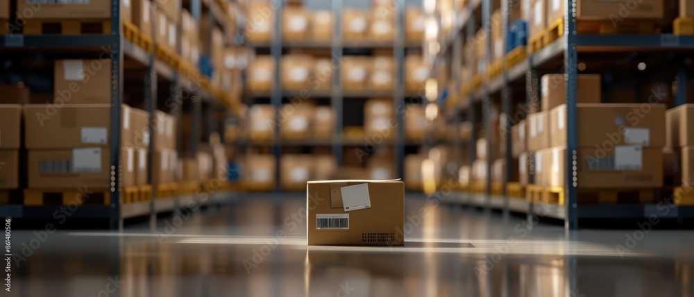 Single Cardboard Box in a Large Warehouse with Shelves Stacked with Boxes in the Background Single Cardboard Box in a Large Warehouse with Shelves Stacked with Boxes in the Background