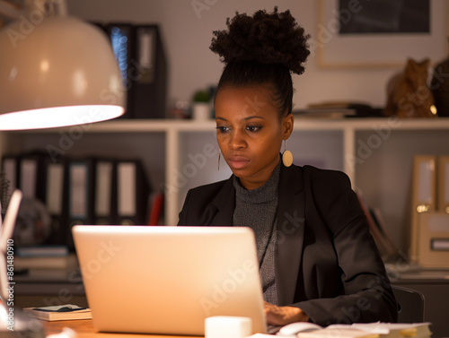 Focused Female Using Laptop in Modern Office Setting photo