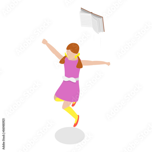 3D Isometric Flat Illustration of Jumping Happy Kids, Back to School. Item 4