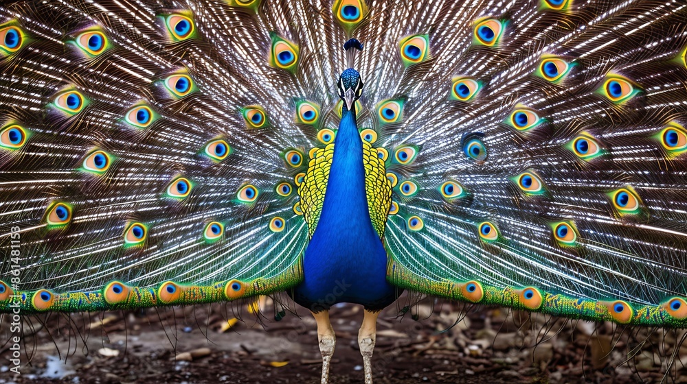Obraz premium Detailed close up of a peacock s flamboyant tail feathers elegantly fanned out in a vibrant display
