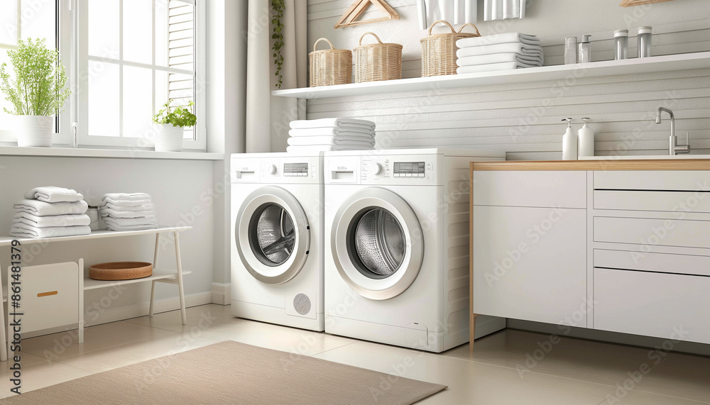 Contemporary laundry room with dual washing machines, bright white cabinetry, and an organized, sunlit space perfect for household chores Contemporary laundry room with dual washing machines, bright white cabinetry, and an organized, sunlit space perfect for household chores