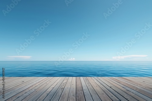 Serene ocean view from a wooden deck under a clear blue sky, perfect for relaxation and tranquility.