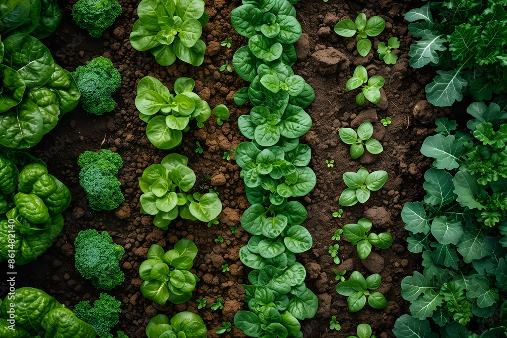 Young shoots and sprouts rows of various vegetables and leafy greens growing in soil, top view. Sustainability concept in gardening, organic farming, agriculture, nurturing, care Young shoots and sprouts rows of various vegetables and leafy greens growing in soil, top view. Sustainability concept in gardening, organic farming, agriculture, nurturing, care