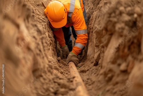 Worker installing a pipe in a narrow trench, wearing safety gear including an orange helmet and jacket, illustrating construction work. photo