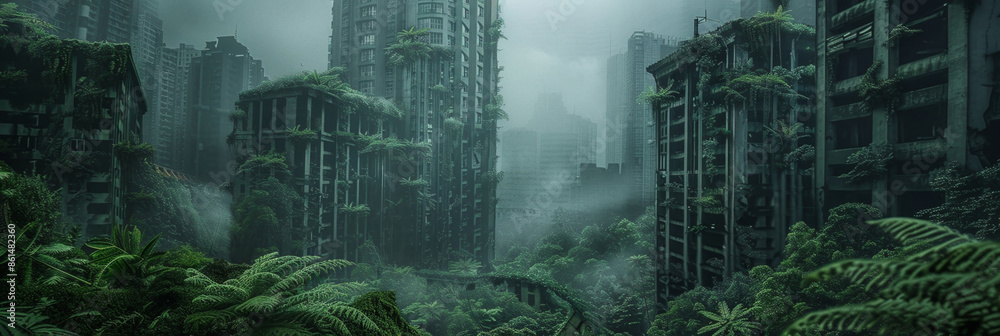 Obraz premium Abandoned city debris with green plants growing. Post apocalypse scene.