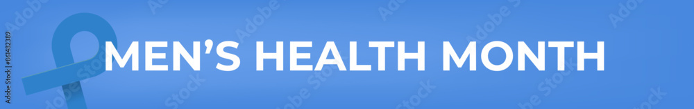 Mens health month concept wide horizontal banner design template with blue ribbon and text isolated on blue background. June is national mens health awareness month vector wide flyer or poster Mens health month concept wide horizontal banner design template with blue ribbon and text isolated on blue background. June is national mens health awareness month vector wide flyer or poster