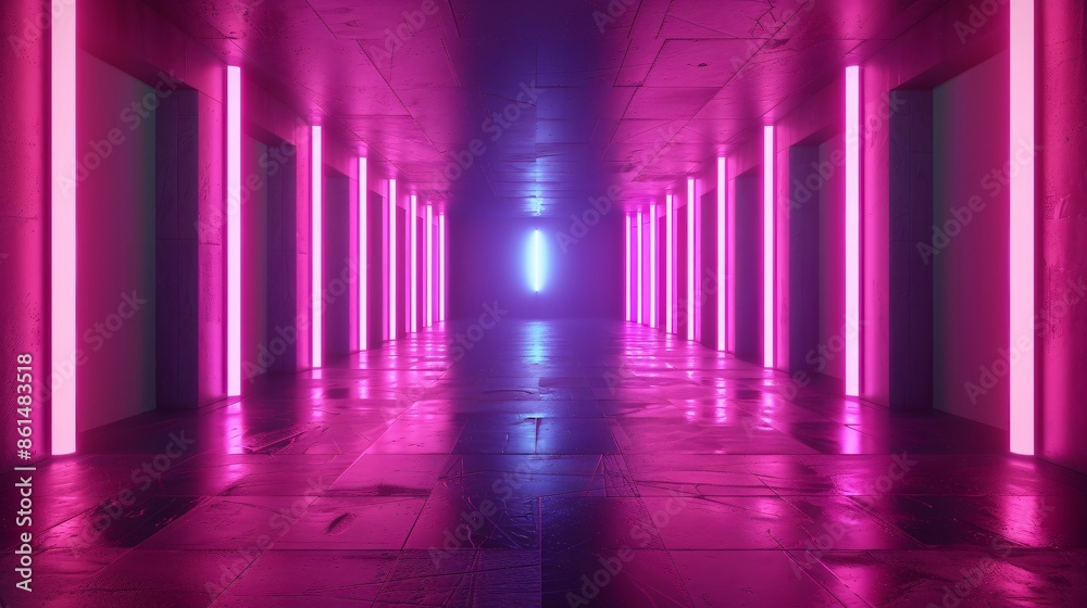 Dim hallway, pink neon, black floor Dim hallway, pink neon, black floor