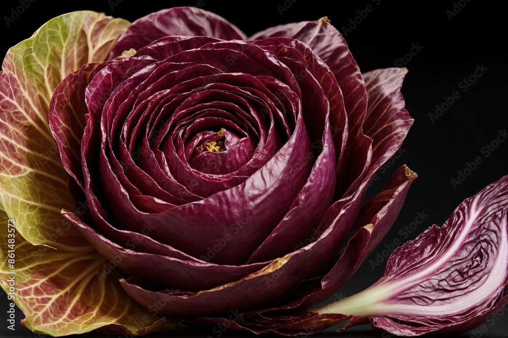 Super slow motion shot of a piece of radicchio sitting on a black background Super slow motion shot of a piece of radicchio sitting on a black background
