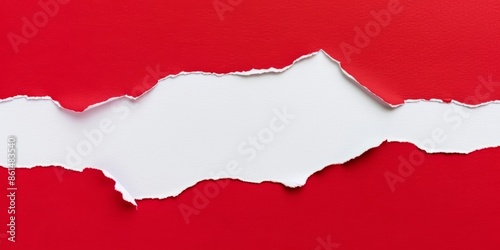 Torn hole paper background. An overhead view of red torn paper revealing a white background for dramatic contrast. Ideal for announcements promotions