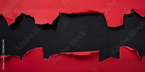 Torn hole paper background. An overhead view of red torn paper revealing a black background for dramatic contrast. Ideal for announcements promotions