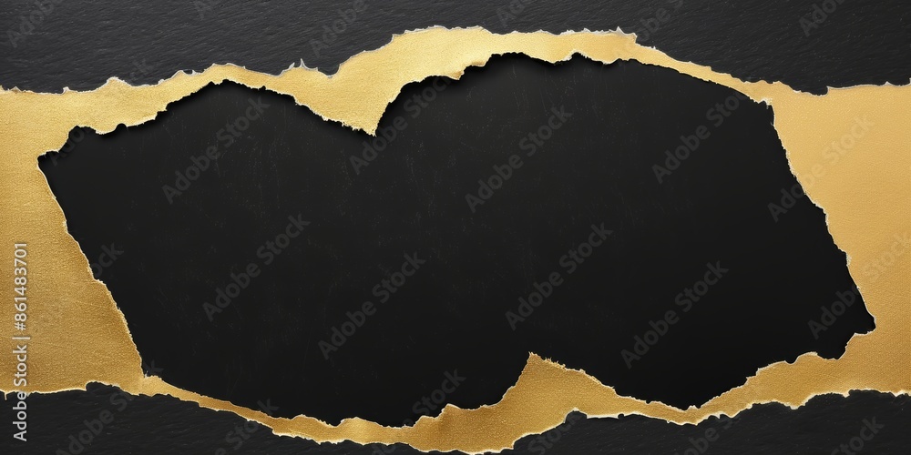 Torn hole paper background. An overhead view of gold torn paper revealing a black background for dramatic contrast. Ideal for announcements promotions