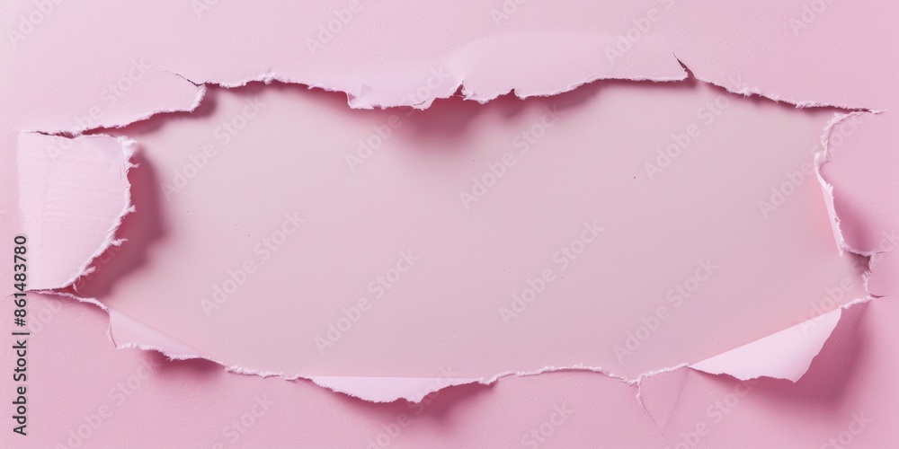 Torn hole paper background. An overhead view of pink torn paper revealing a soft pastel color background for dramatic contrast. Ideal for announcements promotions Torn hole paper background. An overhead view of pink torn paper revealing a soft pastel color background for dramatic contrast. Ideal for announcements promotions