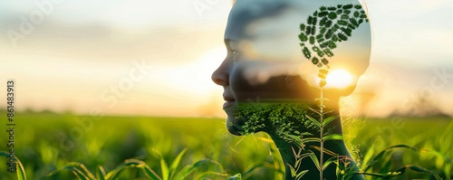 Biotechnology applications, agriculture biotechnology, crop improvement close up, focus on, copy space Vibrant colors Double exposure silhouette with crops