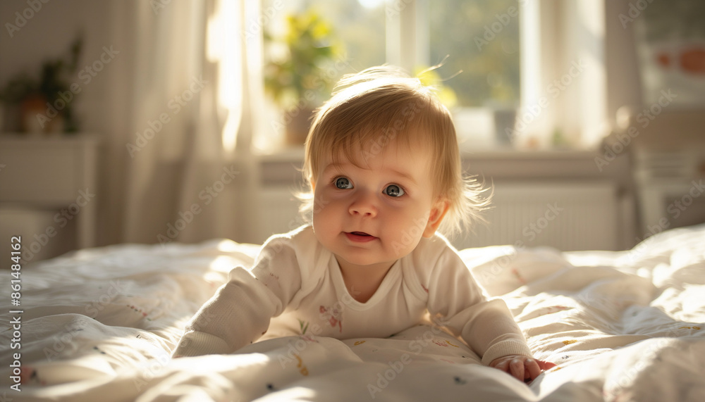 Cute baby lying on a bed in a sunlit room, exuding warmth and innocence, capturing the essence of a peaceful and joyful childhood moment with a charming smile Cute baby lying on a bed in a sunlit room, exuding warmth and innocence, capturing the essence of a peaceful and joyful childhood moment with a charming smile